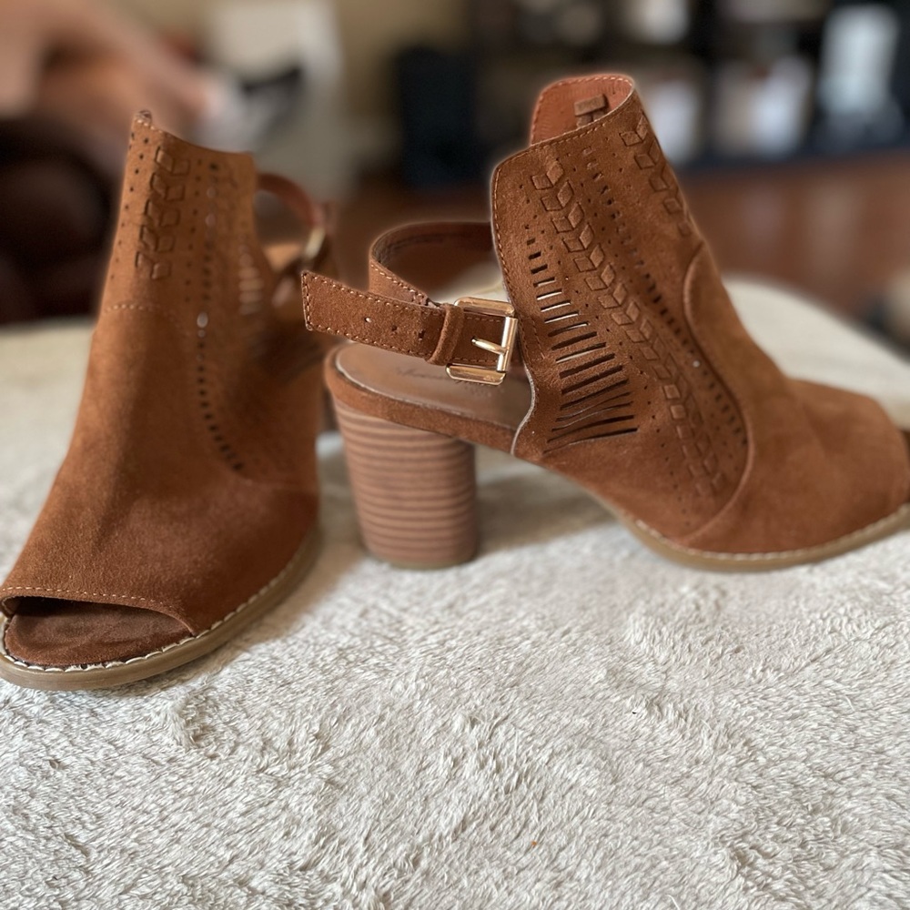 Brown suede open-toe ankle boots